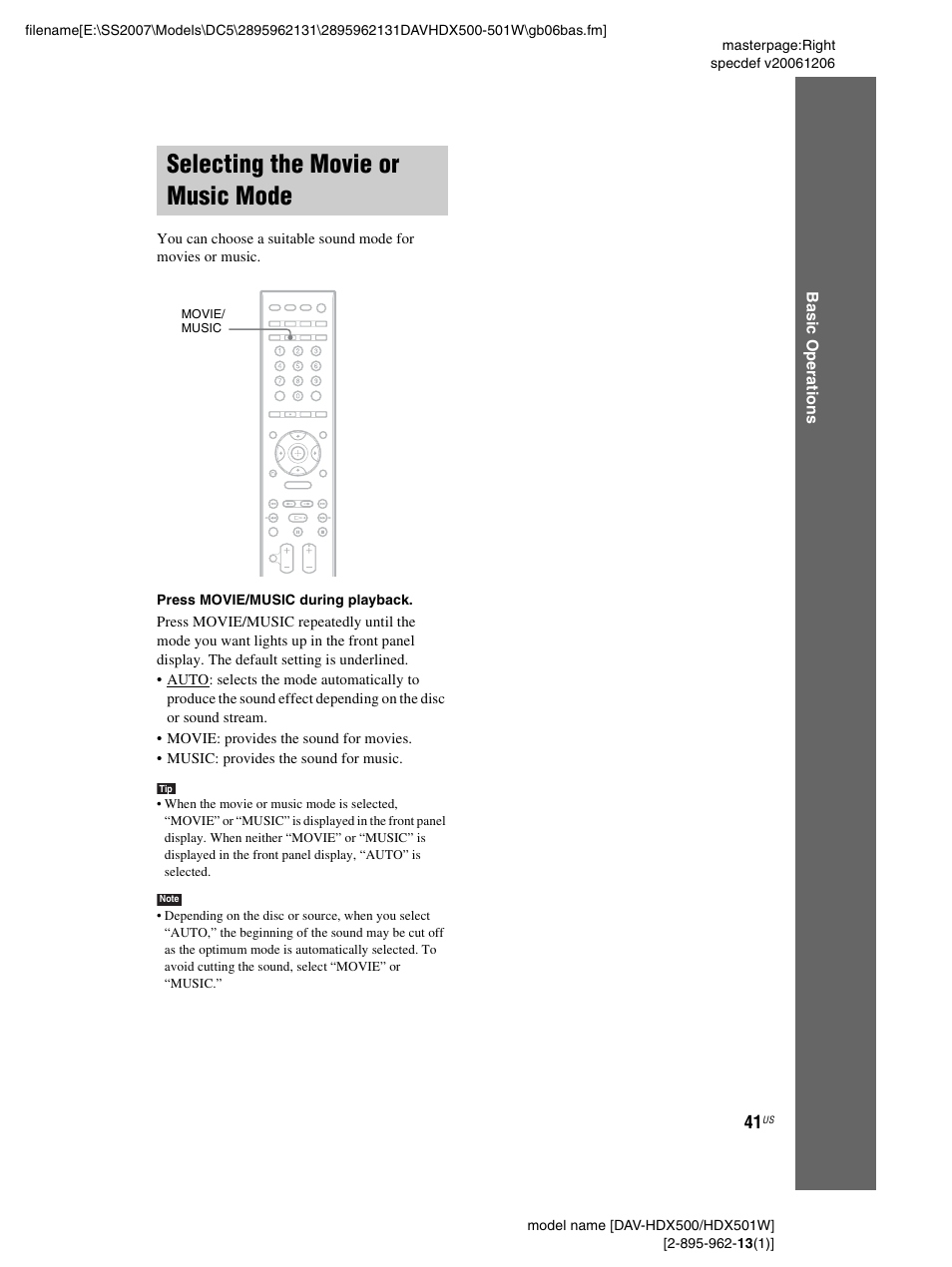 Selecting the movie or music mode, Selecting the movie or music, Mode | Sony DAV-HDX500 User Manual | Page 41 / 120