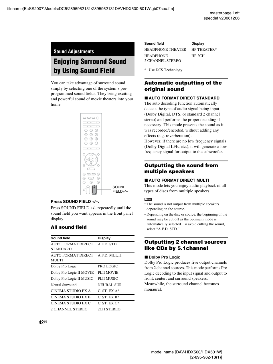 Sound adjustments, Enjoying surround sound by using sound field, Automatic outputting of the original sound | Outputting the sound from multiple speakers, Enjoying surround sound by using sound, Field | Sony DAV-HDX500 User Manual | Page 42 / 120
