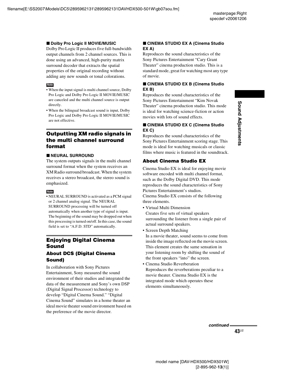 Enjoying digital cinema sound | Sony DAV-HDX500 User Manual | Page 43 / 120