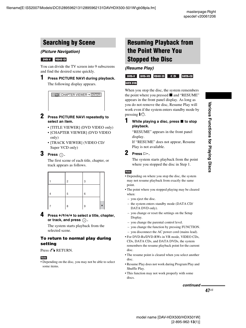 Searching by scene, Picture navigation), Resuming playback from the point where | You stopped the disc (resume play) | Sony DAV-HDX500 User Manual | Page 47 / 120