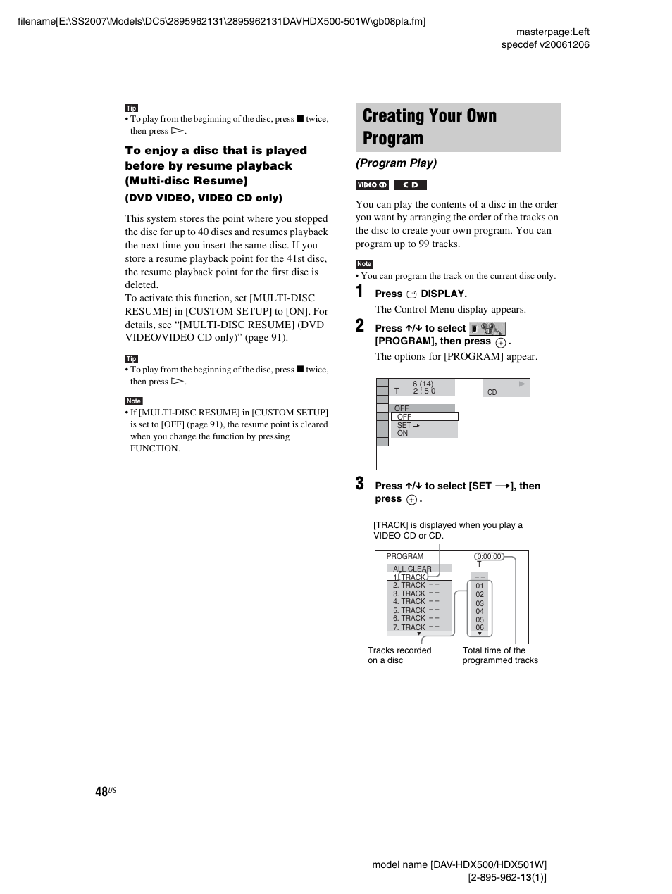 Creating your own program, Program play) | Sony DAV-HDX500 User Manual | Page 48 / 120