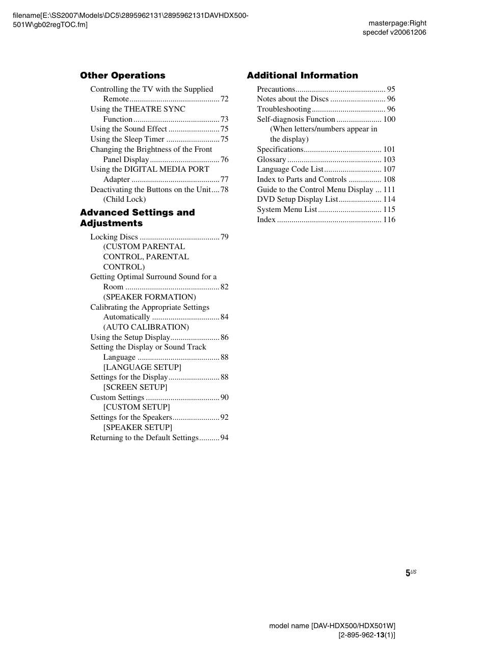 Sony DAV-HDX500 User Manual | Page 5 / 120