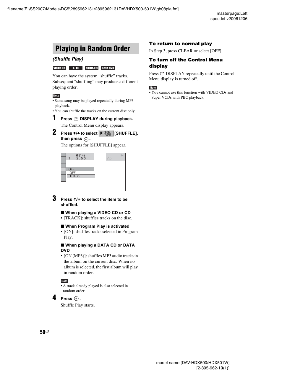 Playing in random order, Shuffle play) | Sony DAV-HDX500 User Manual | Page 50 / 120