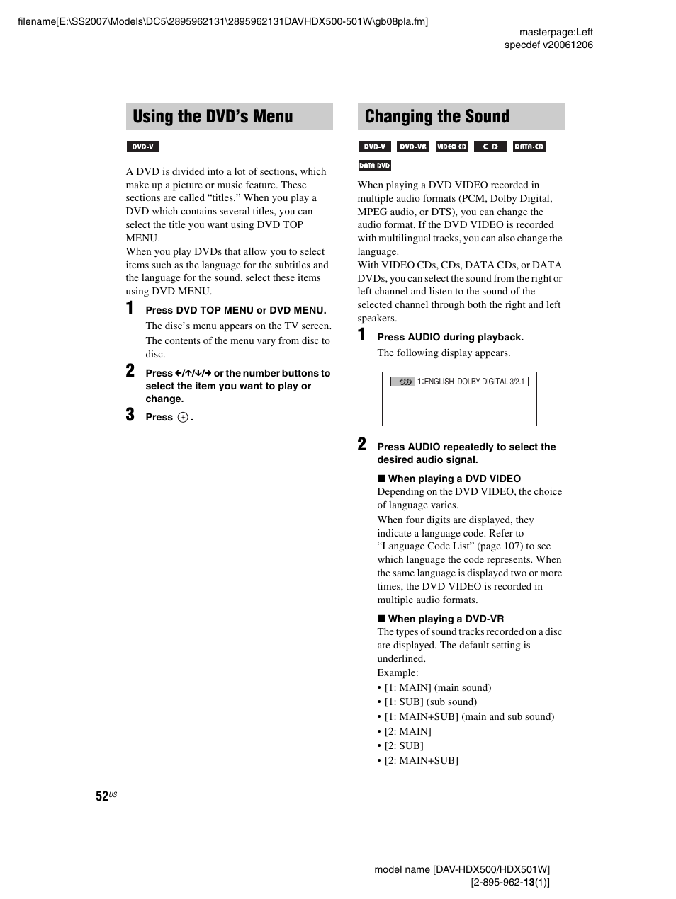 Using the dvd’s menu, Changing the sound, Using the dvd’s menu changing the sound | Sony DAV-HDX500 User Manual | Page 52 / 120
