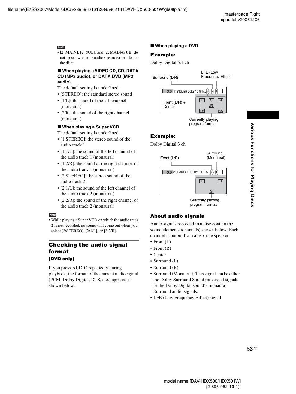 Checking the audio signal format | Sony DAV-HDX500 User Manual | Page 53 / 120