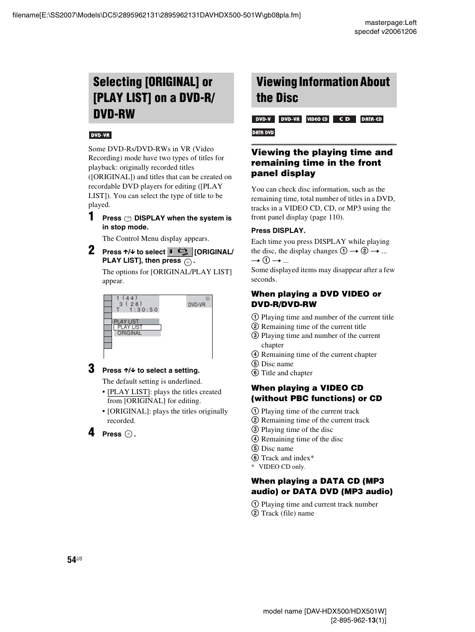 Viewing information about the disc, Selecting [original] or [play list, On a dvd-r/dvd-rw | Sony DAV-HDX500 User Manual | Page 54 / 120