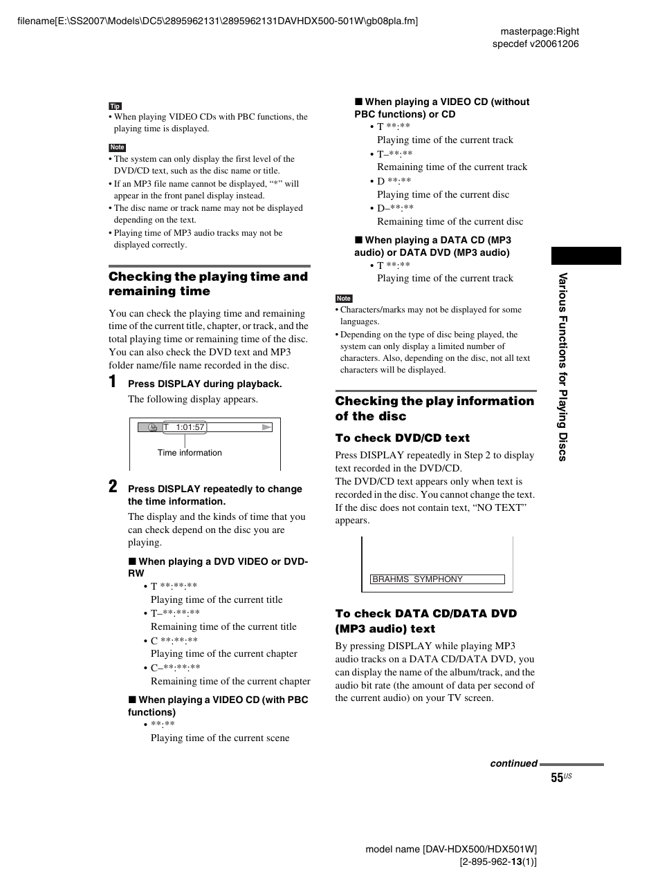 Checking the playing time and remaining time, Checking the play information of the disc | Sony DAV-HDX500 User Manual | Page 55 / 120
