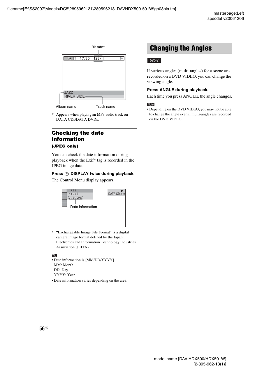 Checking the date information, Changing the angles | Sony DAV-HDX500 User Manual | Page 56 / 120