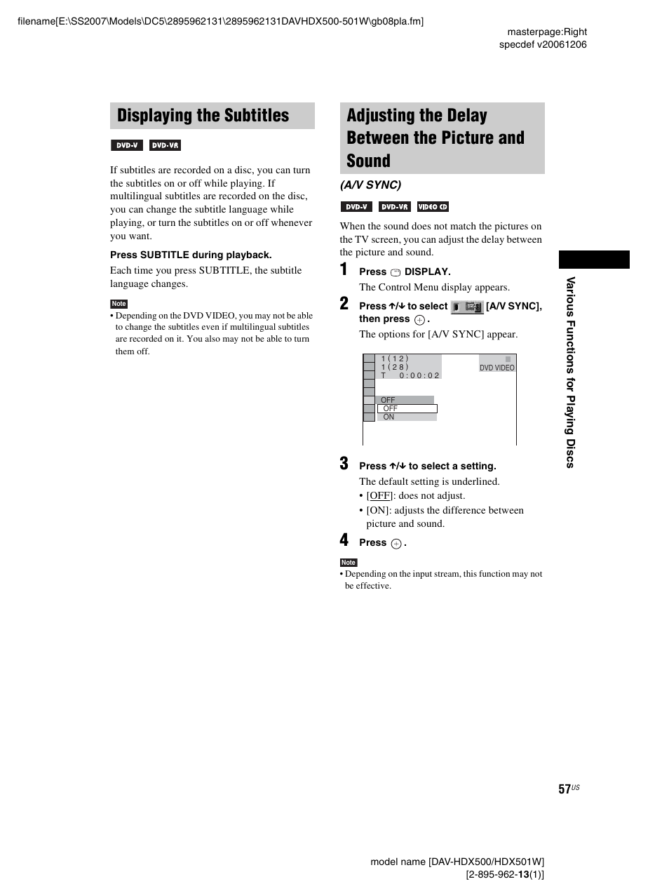 Displaying the subtitles, Adjusting the delay between the picture and sound, And sound (a/v sync) | Sony DAV-HDX500 User Manual | Page 57 / 120