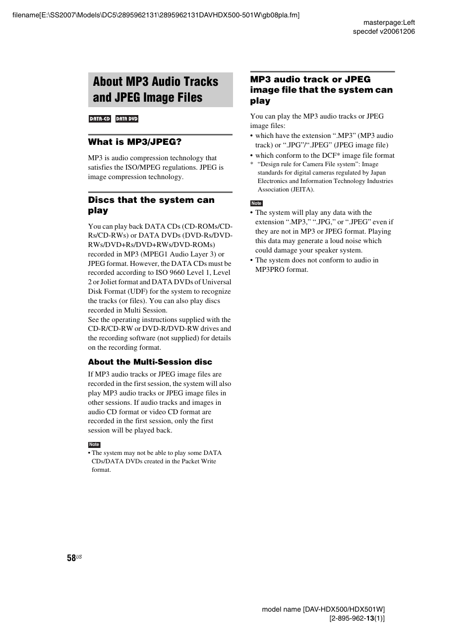 About mp3 audio tracks and jpeg image files, What is mp3/jpeg, Discs that the system can play | About mp3 audio tracks and jpeg, Image files | Sony DAV-HDX500 User Manual | Page 58 / 120