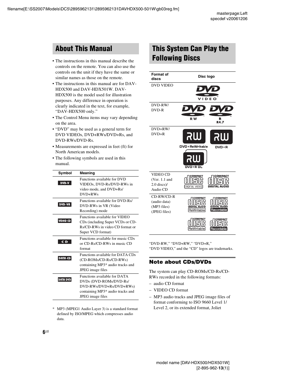 About this manual, This system can play the following discs, Note about cds/dvds | Discs | Sony DAV-HDX500 User Manual | Page 6 / 120