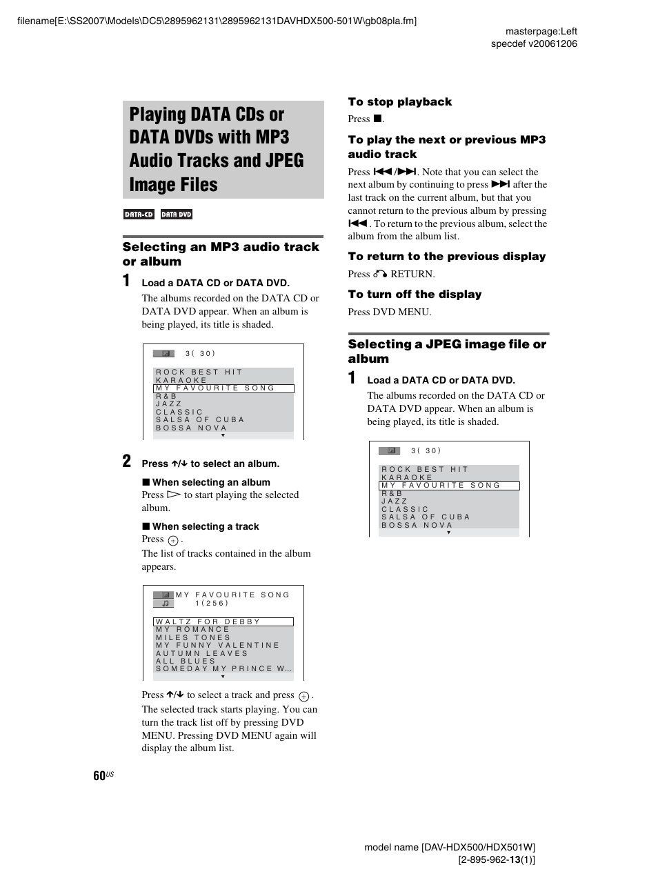 Selecting an mp3 audio track or album, Selecting a jpeg image file or album, Playing data cds or data dvds with | Mp3 audio tracks and jpeg image files | Sony DAV-HDX500 User Manual | Page 60 / 120