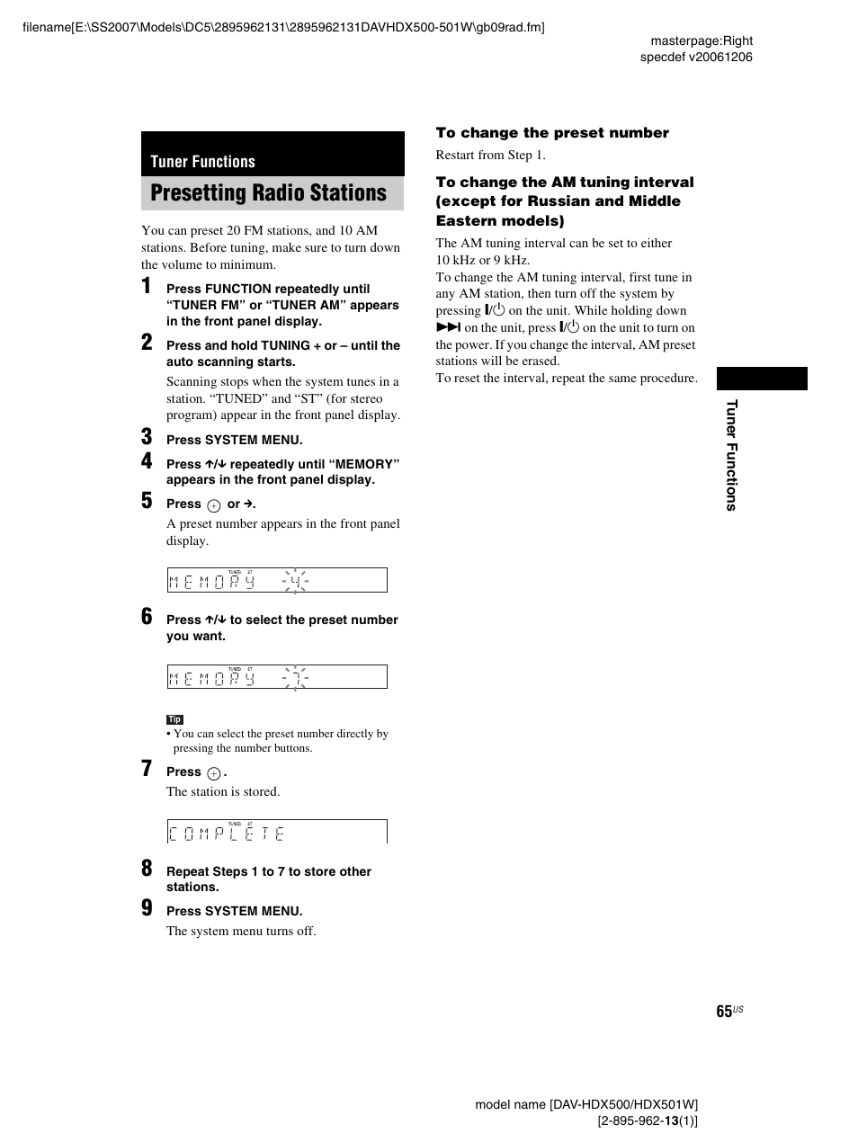 Tuner functions, Presetting radio stations | Sony DAV-HDX500 User Manual | Page 65 / 120