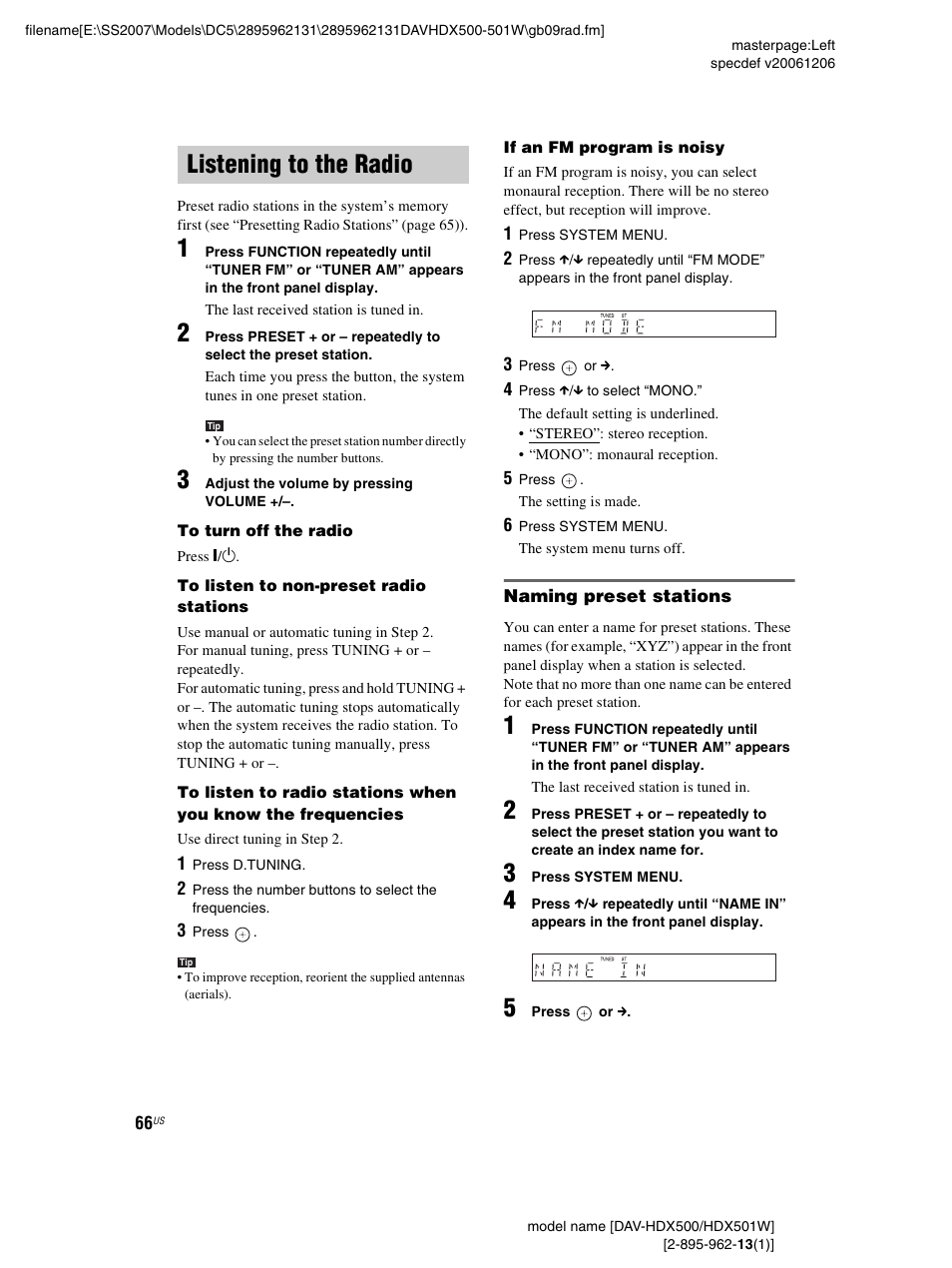 Listening to the radio, Naming preset stations | Sony DAV-HDX500 User Manual | Page 66 / 120