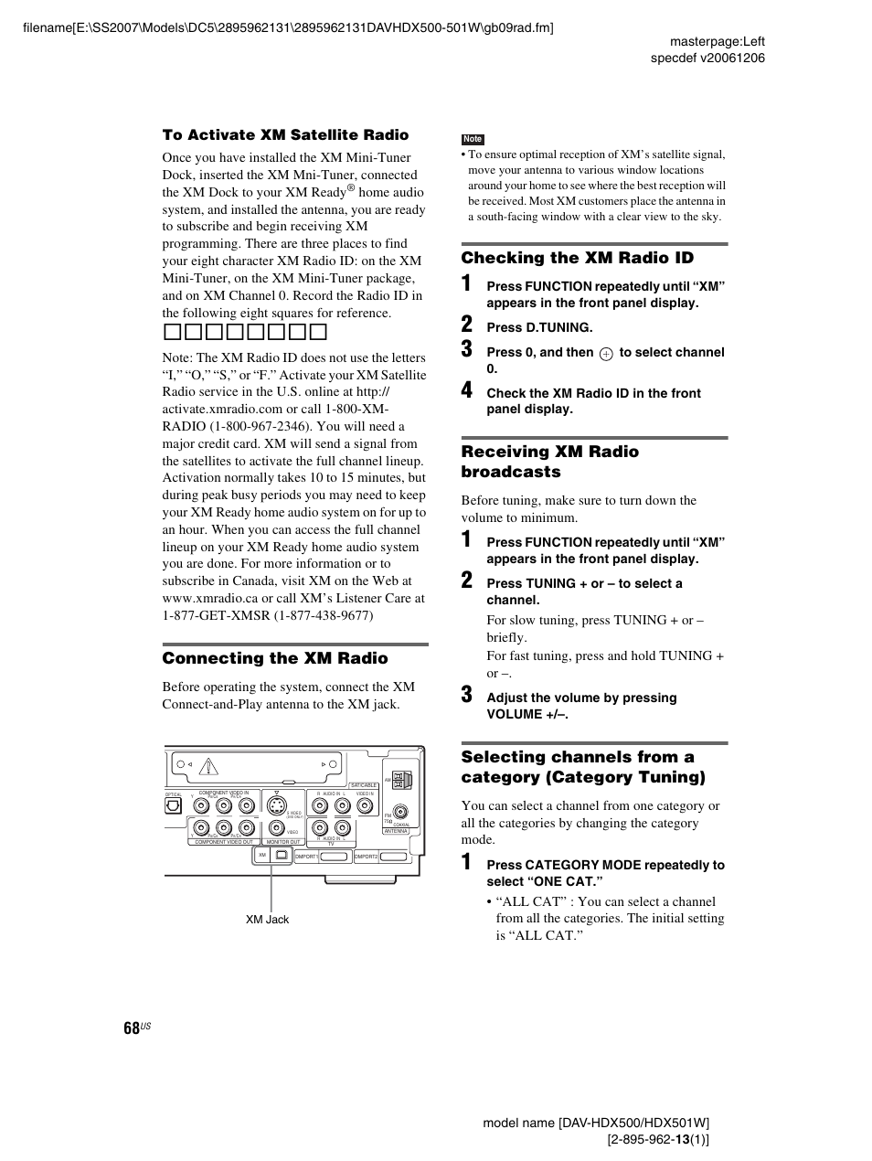 Connecting the xm radio, Checking the xm radio id, Receiving xm radio broadcasts | Sony DAV-HDX500 User Manual | Page 68 / 120