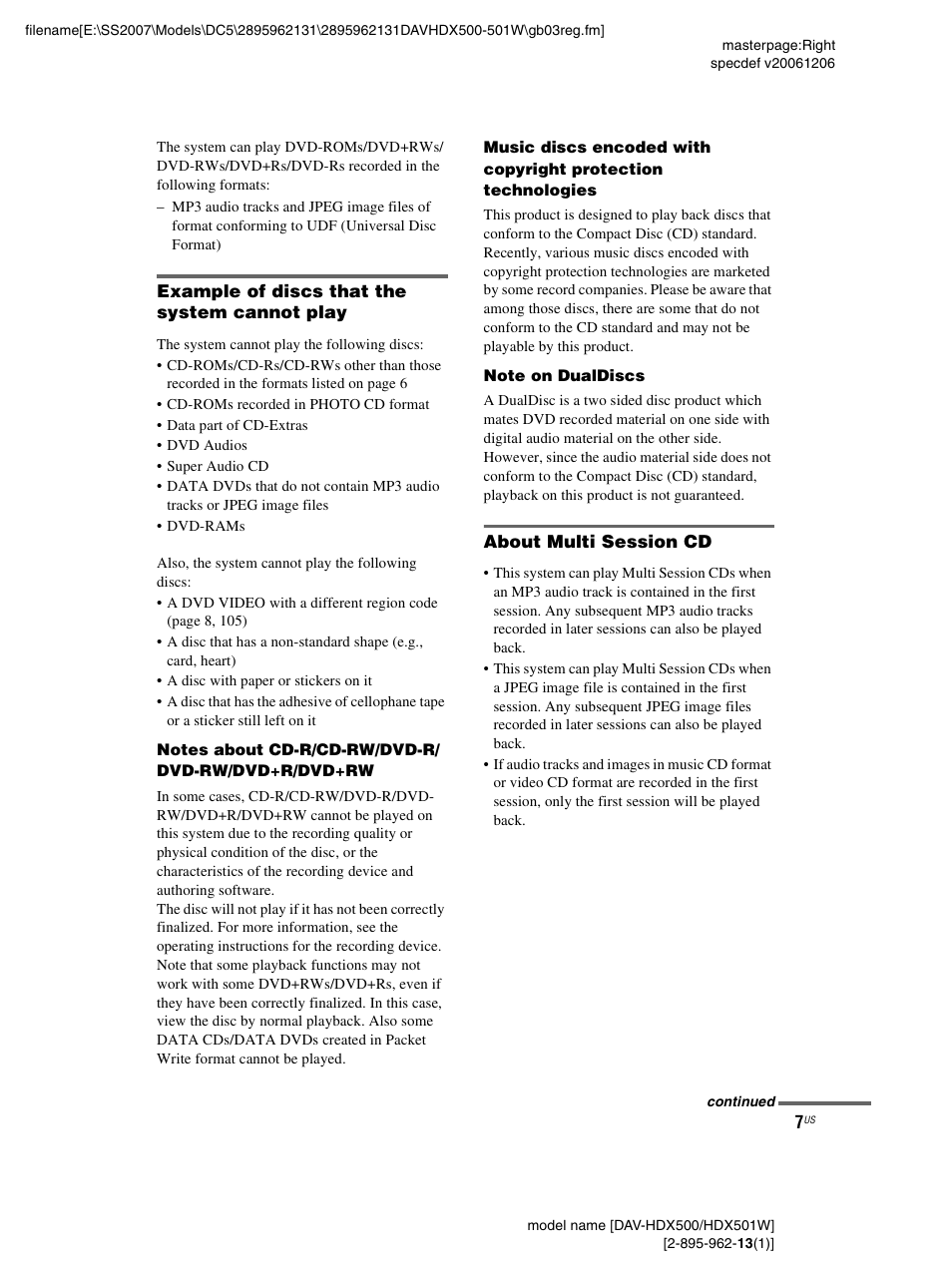 Example of discs that the system cannot play, About multi session cd | Sony DAV-HDX500 User Manual | Page 7 / 120