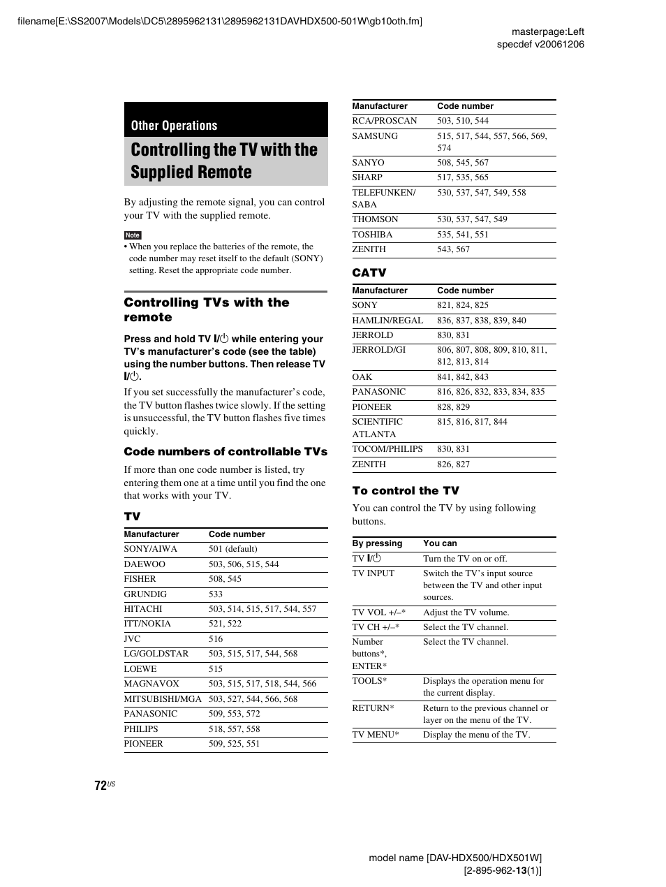 Other operations, Controlling the tv with the supplied remote, Controlling tvs with the remote | Controlling the tv with the supplied, Remote | Sony DAV-HDX500 User Manual | Page 72 / 120