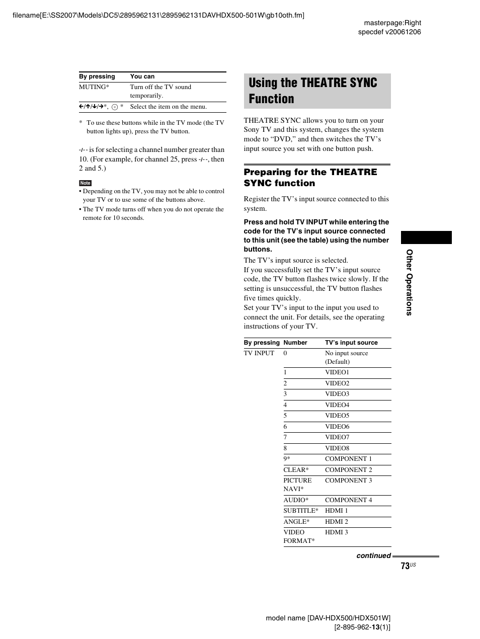 Using the theatre sync function, Preparing for the theatre sync function, Using the theatre sync | Function | Sony DAV-HDX500 User Manual | Page 73 / 120