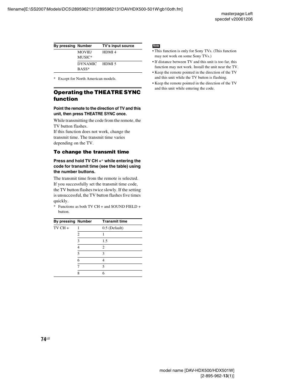 Operating the theatre sync function | Sony DAV-HDX500 User Manual | Page 74 / 120