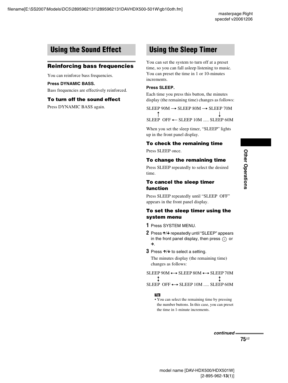 Using the sound effect, Reinforcing bass frequencies, Using the sleep timer | Using the sound effect using the sleep timer | Sony DAV-HDX500 User Manual | Page 75 / 120