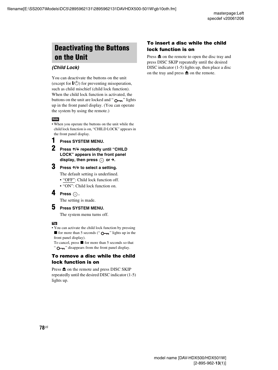 Deactivating the buttons on the unit, Child lock) | Sony DAV-HDX500 User Manual | Page 78 / 120