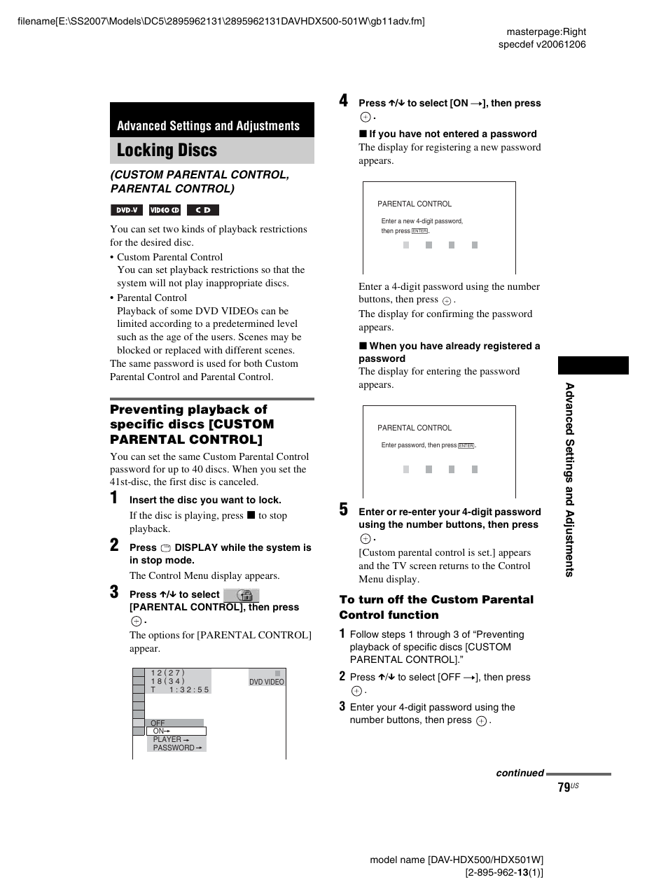 Advanced settings and adjustments, Locking discs, Custom parental control, parental control) | Sony DAV-HDX500 User Manual | Page 79 / 120