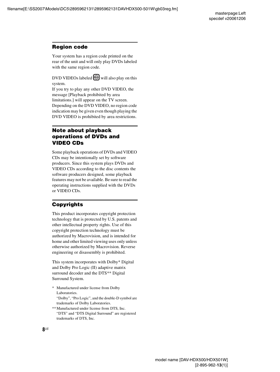 Region code, Copyrights | Sony DAV-HDX500 User Manual | Page 8 / 120