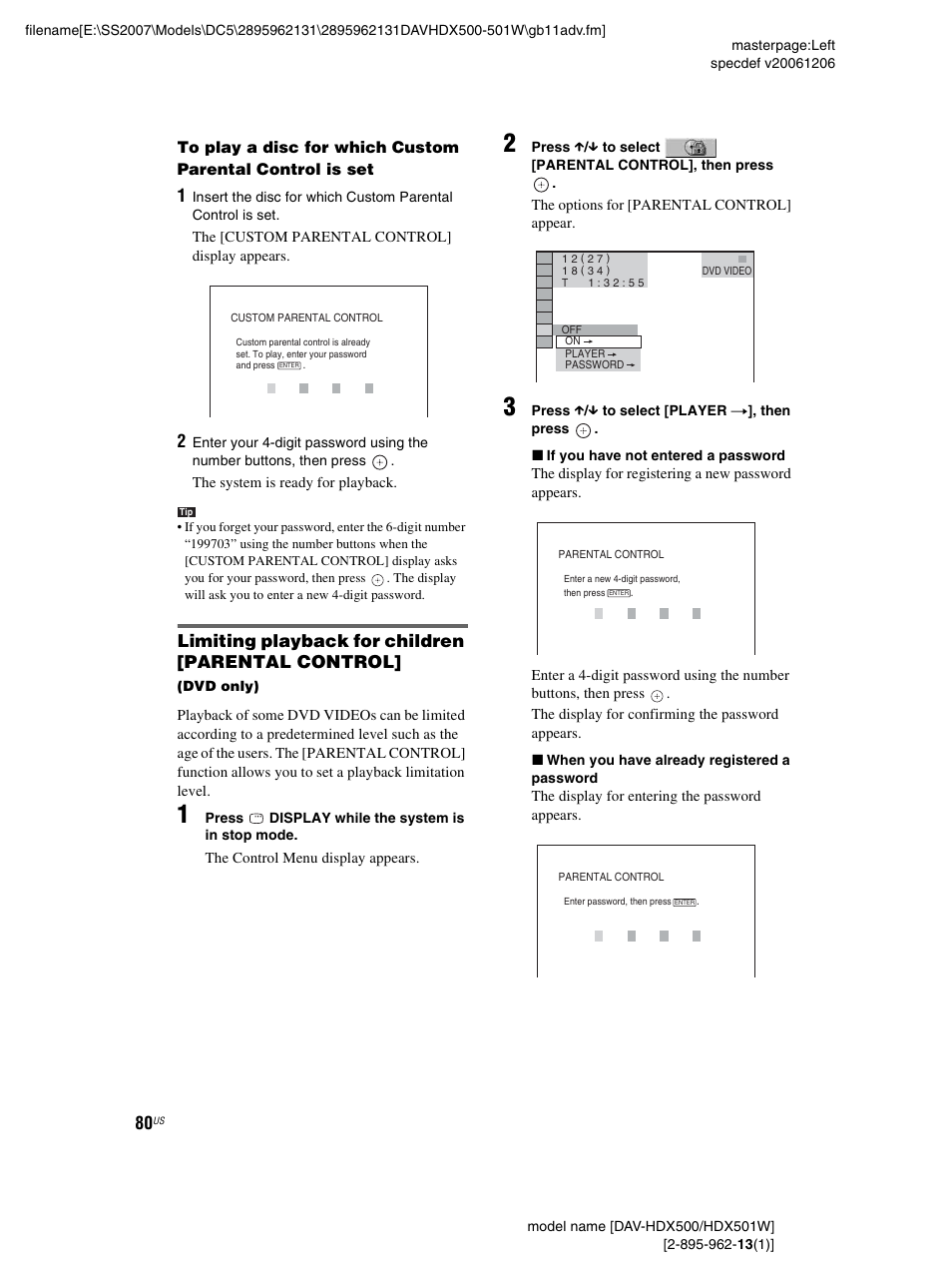 Limiting playback for children [parental control | Sony DAV-HDX500 User Manual | Page 80 / 120