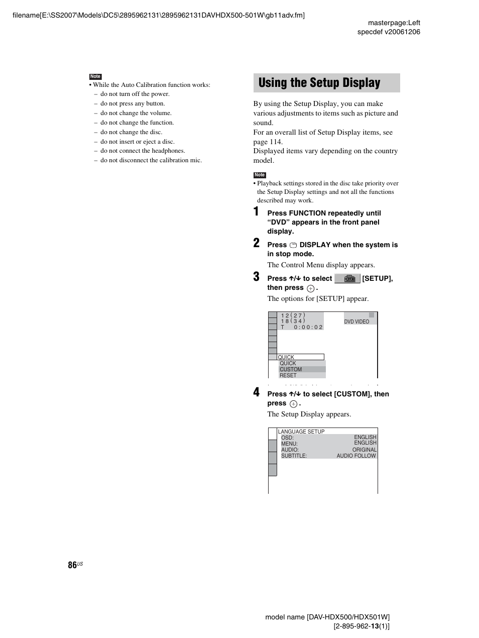 Using the setup display, Using | Sony DAV-HDX500 User Manual | Page 86 / 120
