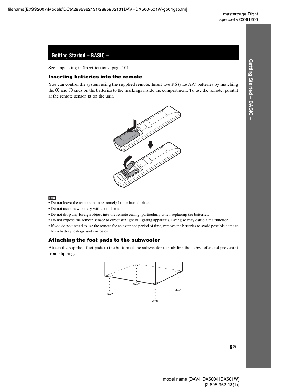 Getting started - basic, Getting started – basic | Sony DAV-HDX500 User Manual | Page 9 / 120