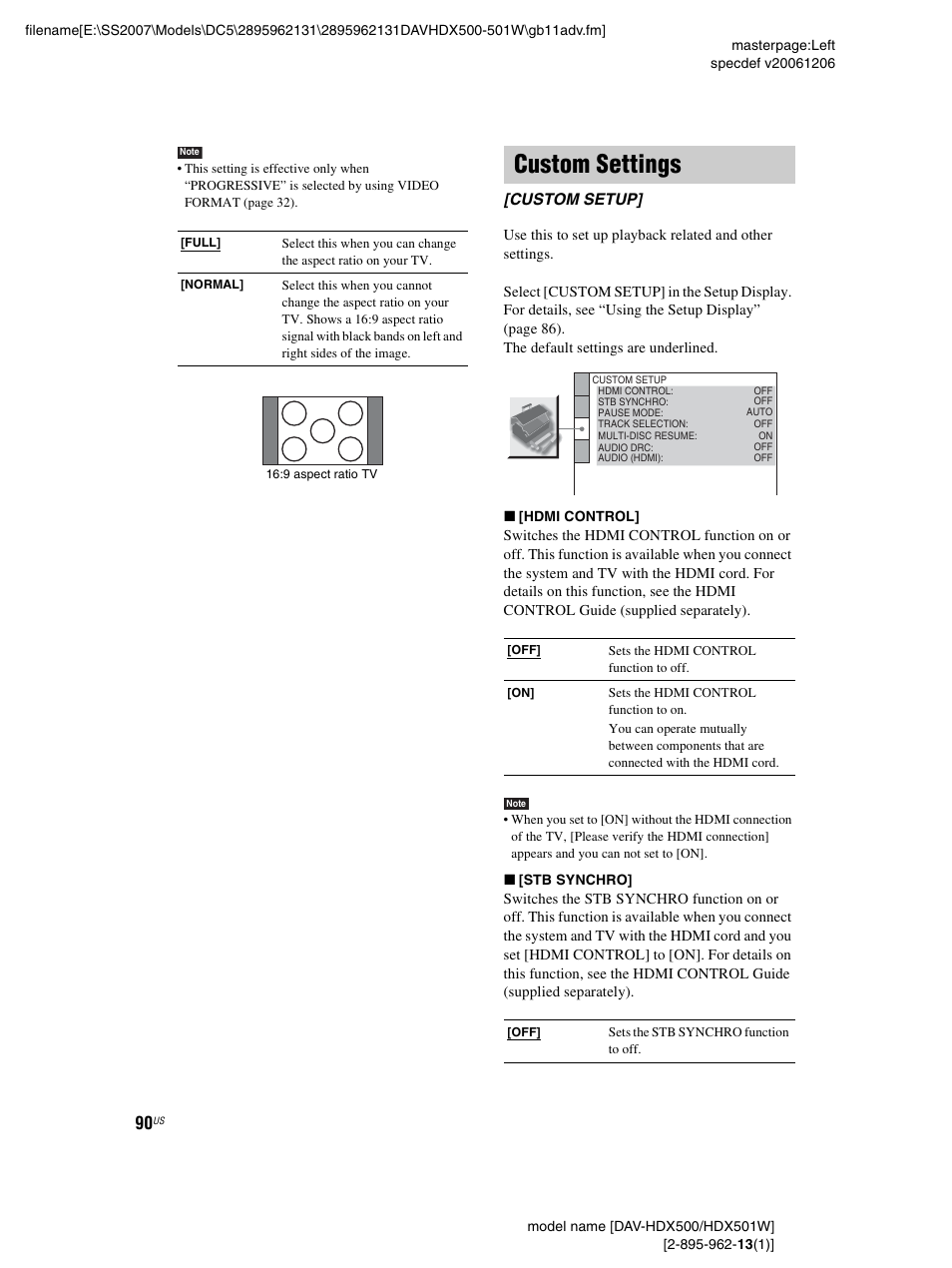 Custom settings, Custom setup | Sony DAV-HDX500 User Manual | Page 90 / 120