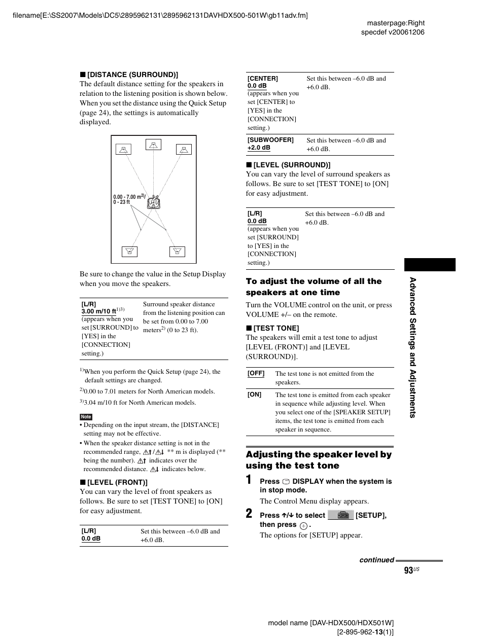 Adjusting the speaker level by using the test tone | Sony DAV-HDX500 User Manual | Page 93 / 120