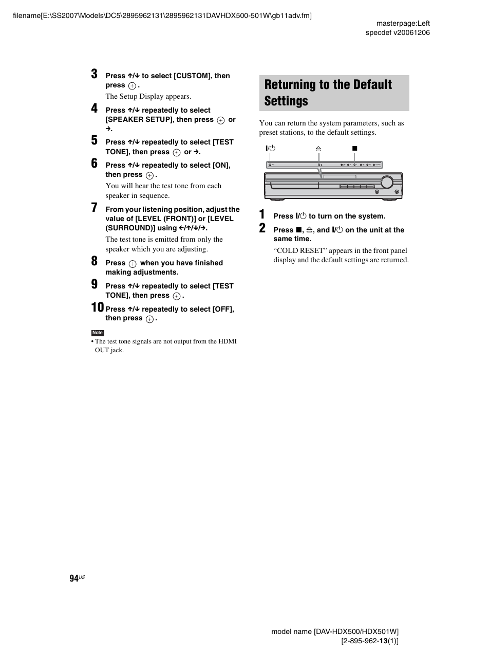 Returning to the default settings | Sony DAV-HDX500 User Manual | Page 94 / 120
