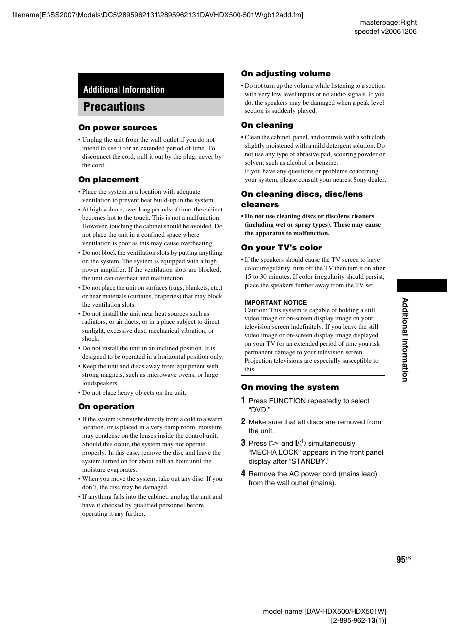 Additional information, Precautions | Sony DAV-HDX500 User Manual | Page 95 / 120