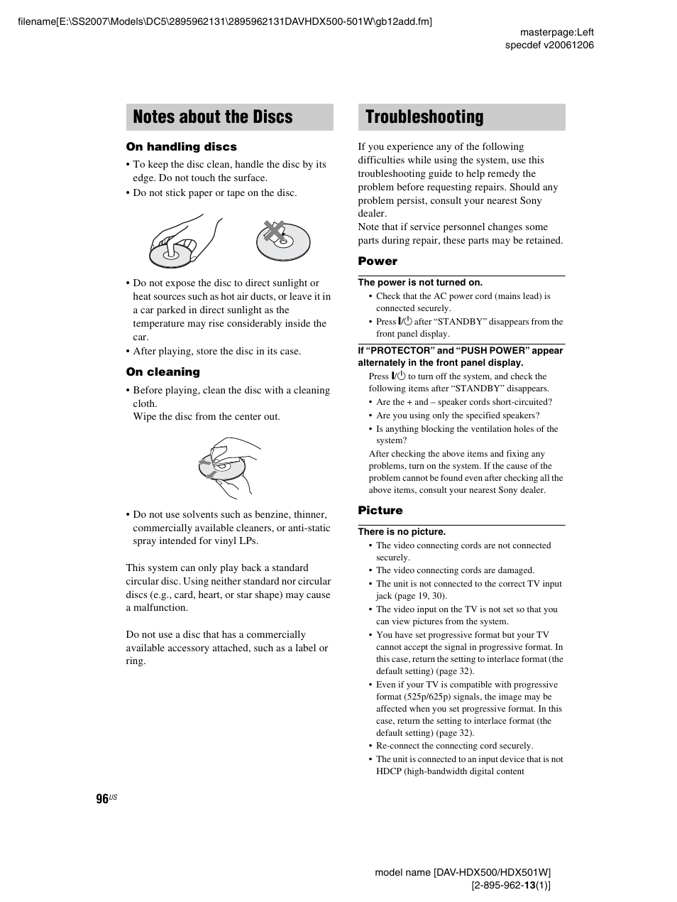 Notes about the discs, Troubleshooting, Notes about the discs troubleshooting | Sony DAV-HDX500 User Manual | Page 96 / 120