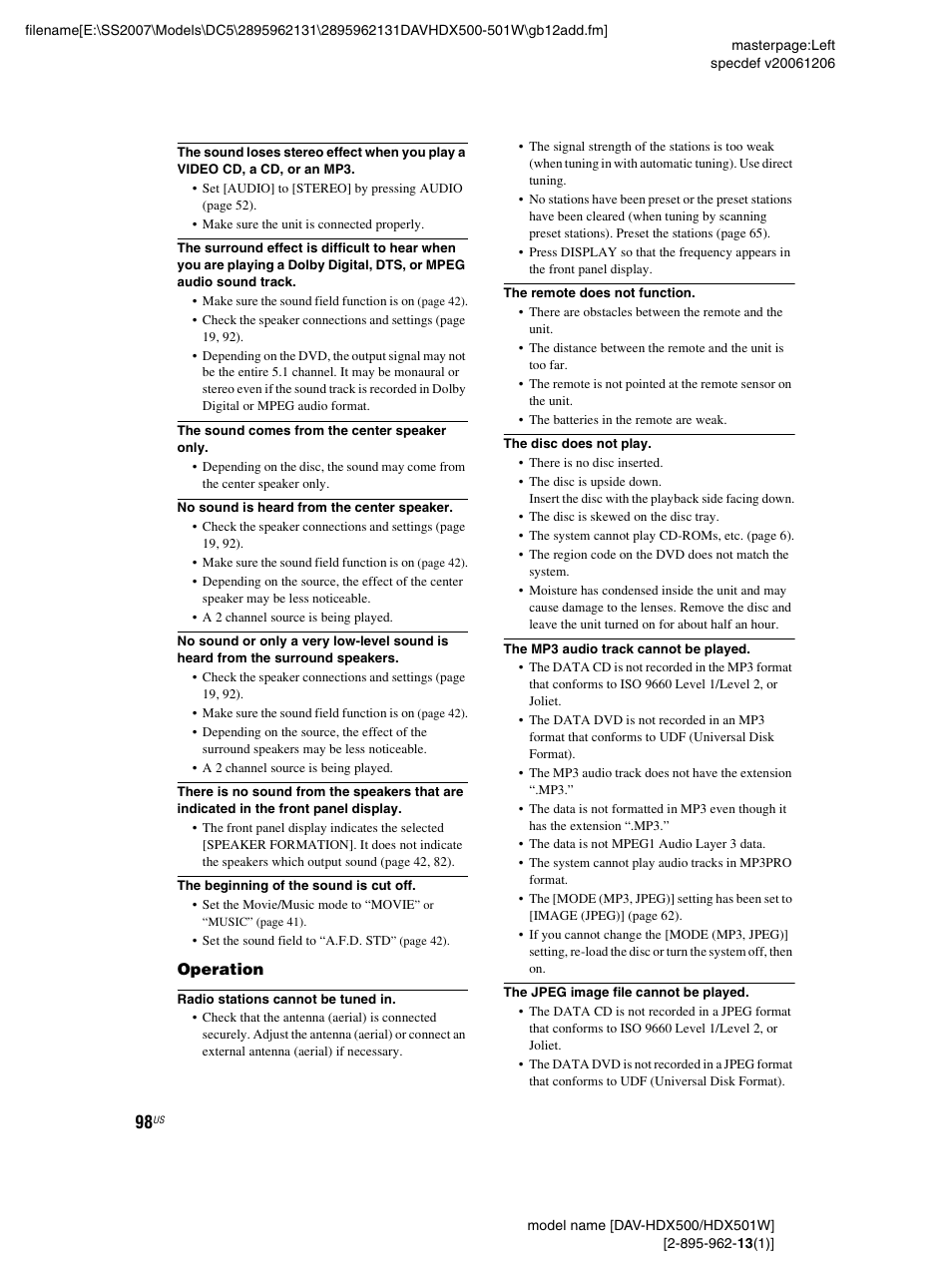 Sony DAV-HDX500 User Manual | Page 98 / 120