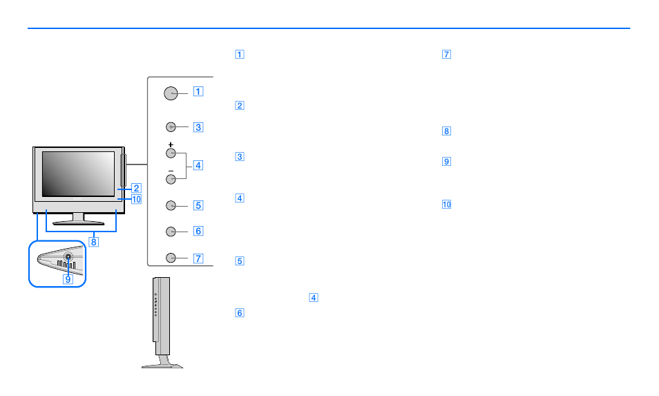 Identificación de las piezas y los controles, Este botón enciende y apaga la pantalla de menús, Estas bocinas emiten las señales de audio | 82 9 q | Sony SDM-V72W User Manual | Page 48 / 127