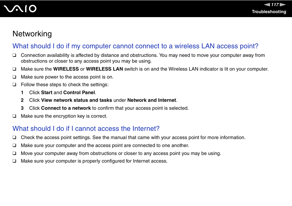 Networking, What should i do if i cannot access the internet | Sony VAIO VGN-N300 User Manual | Page 117 / 154