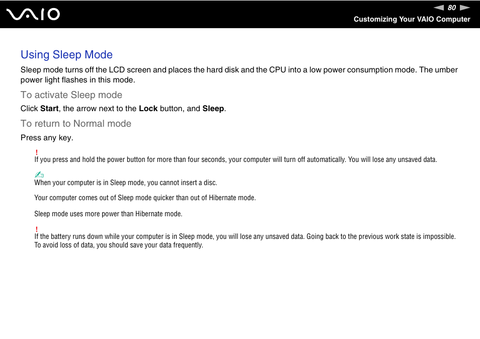 Using sleep mode | Sony VAIO VGN-N300 User Manual | Page 80 / 154