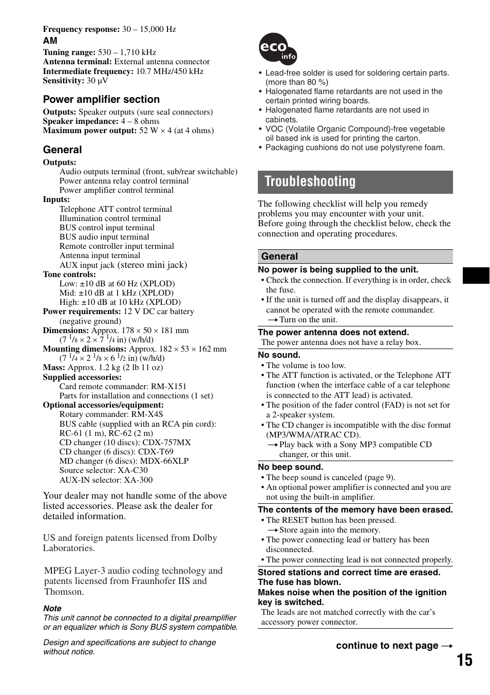Troubleshooting, General | Sony CDX-GT30W User Manual | Page 15 / 36