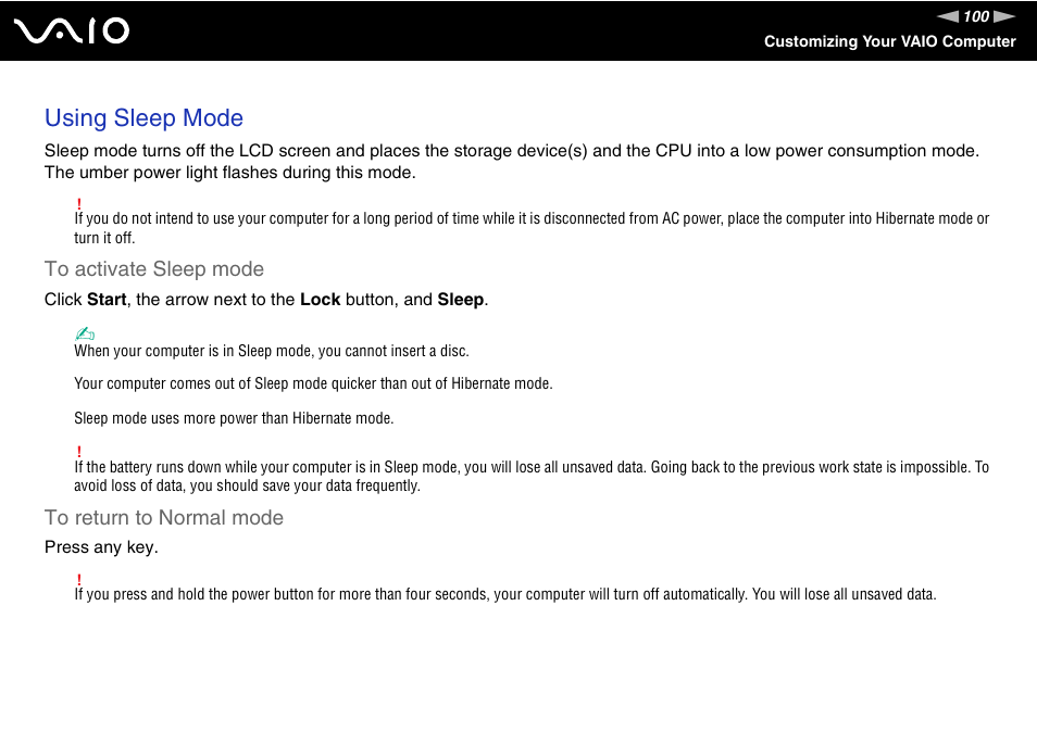 Using sleep mode | Sony VAIO VGN-FZ Series User Manual | Page 100 / 191