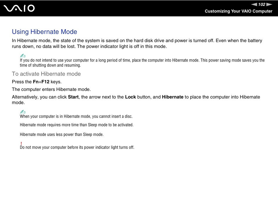Using hibernate mode | Sony VAIO VGN-FZ Series User Manual | Page 102 / 191