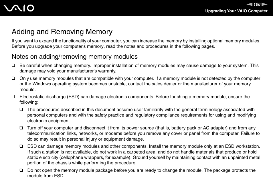 Adding and removing memory | Sony VAIO VGN-FZ Series User Manual | Page 106 / 191