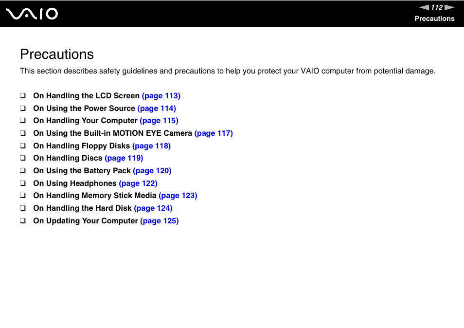 Precautions | Sony VAIO VGN-FZ Series User Manual | Page 112 / 191