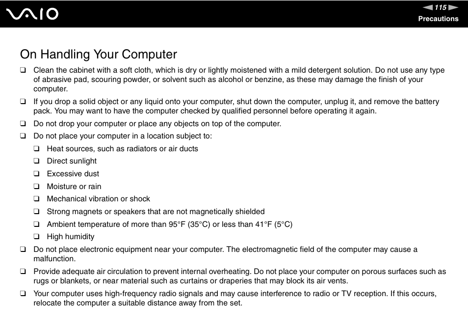 On handling your computer | Sony VAIO VGN-FZ Series User Manual | Page 115 / 191
