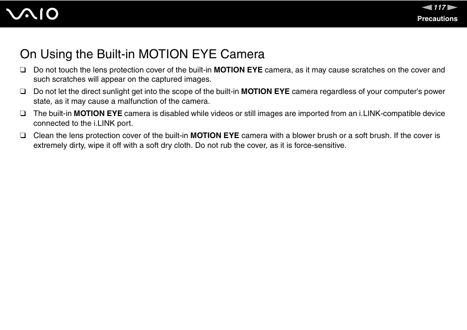 On using the built-in motion eye camera | Sony VAIO VGN-FZ Series User Manual | Page 117 / 191