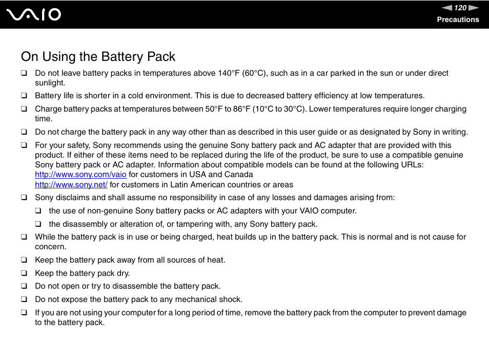 On using the battery pack | Sony VAIO VGN-FZ Series User Manual | Page 120 / 191