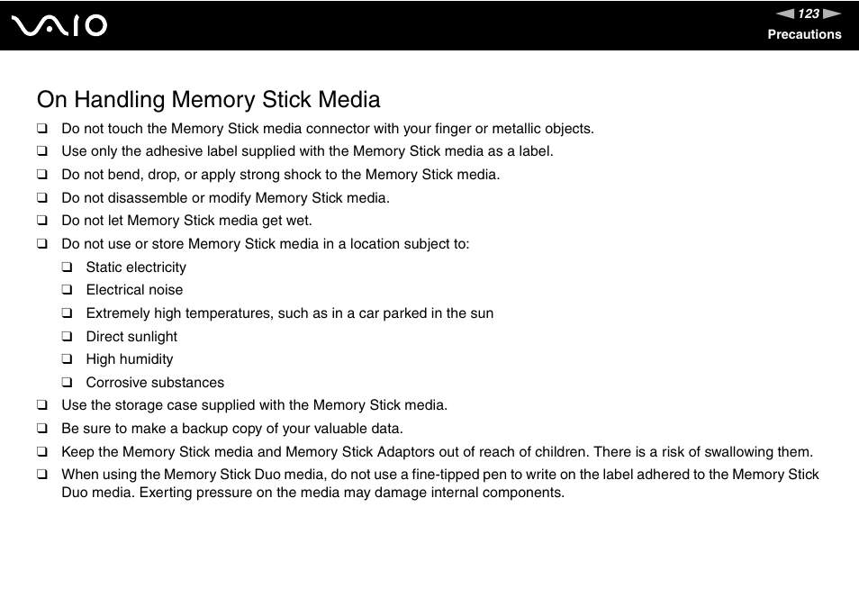 On handling memory stick media | Sony VAIO VGN-FZ Series User Manual | Page 123 / 191
