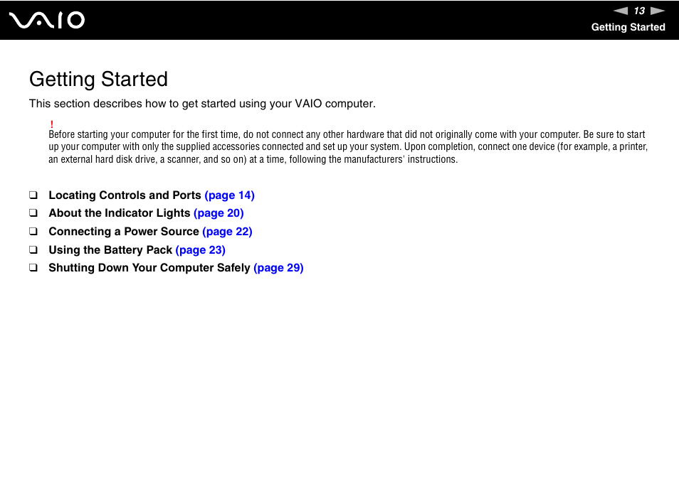 Getting started | Sony VAIO VGN-FZ Series User Manual | Page 13 / 191