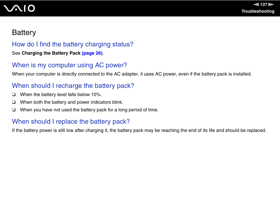 Battery, How do i find the battery charging status, When is my computer using ac power | When should i recharge the battery pack, When should i replace the battery pack | Sony VAIO VGN-FZ Series User Manual | Page 137 / 191